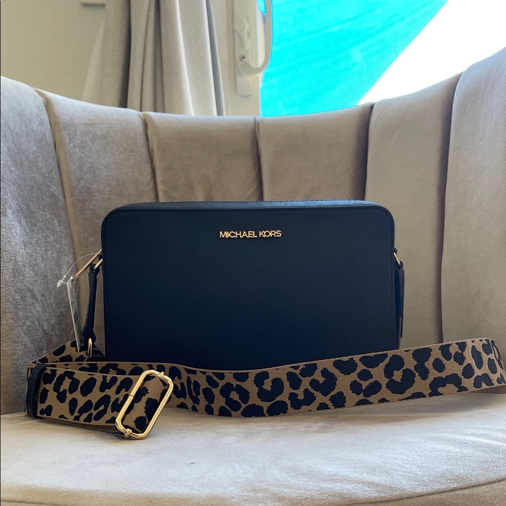 Michael Kors Black Bag with Leopard Print Strap